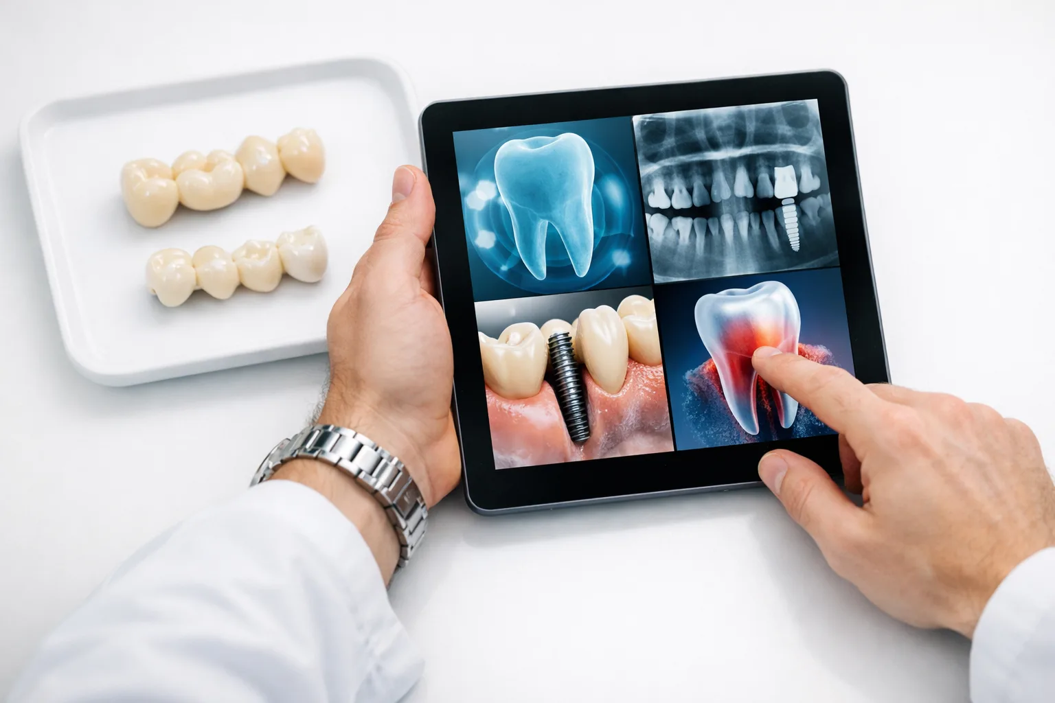 מומחה שיקום הפה בוחן תוכנית טיפול לגשר בשיניים בסביבה קלינית