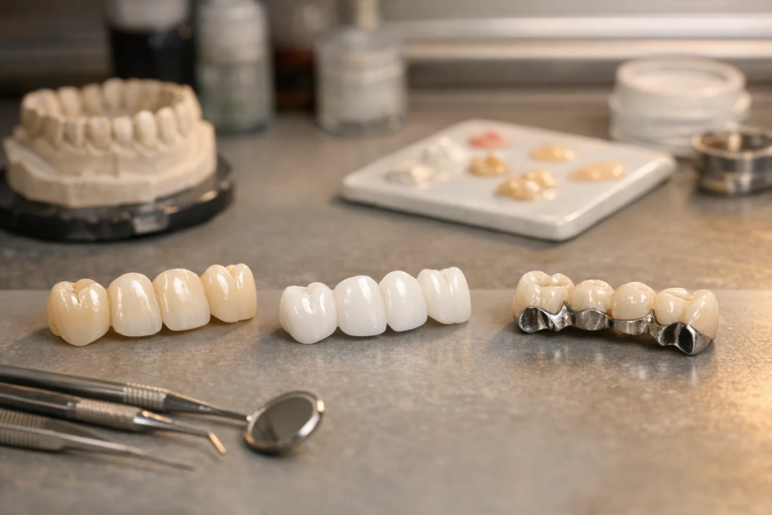 סוגי גשרים דנטליים - חרסינה, זירקוניה ומתכת-חרסינה במעבדת שיניים
