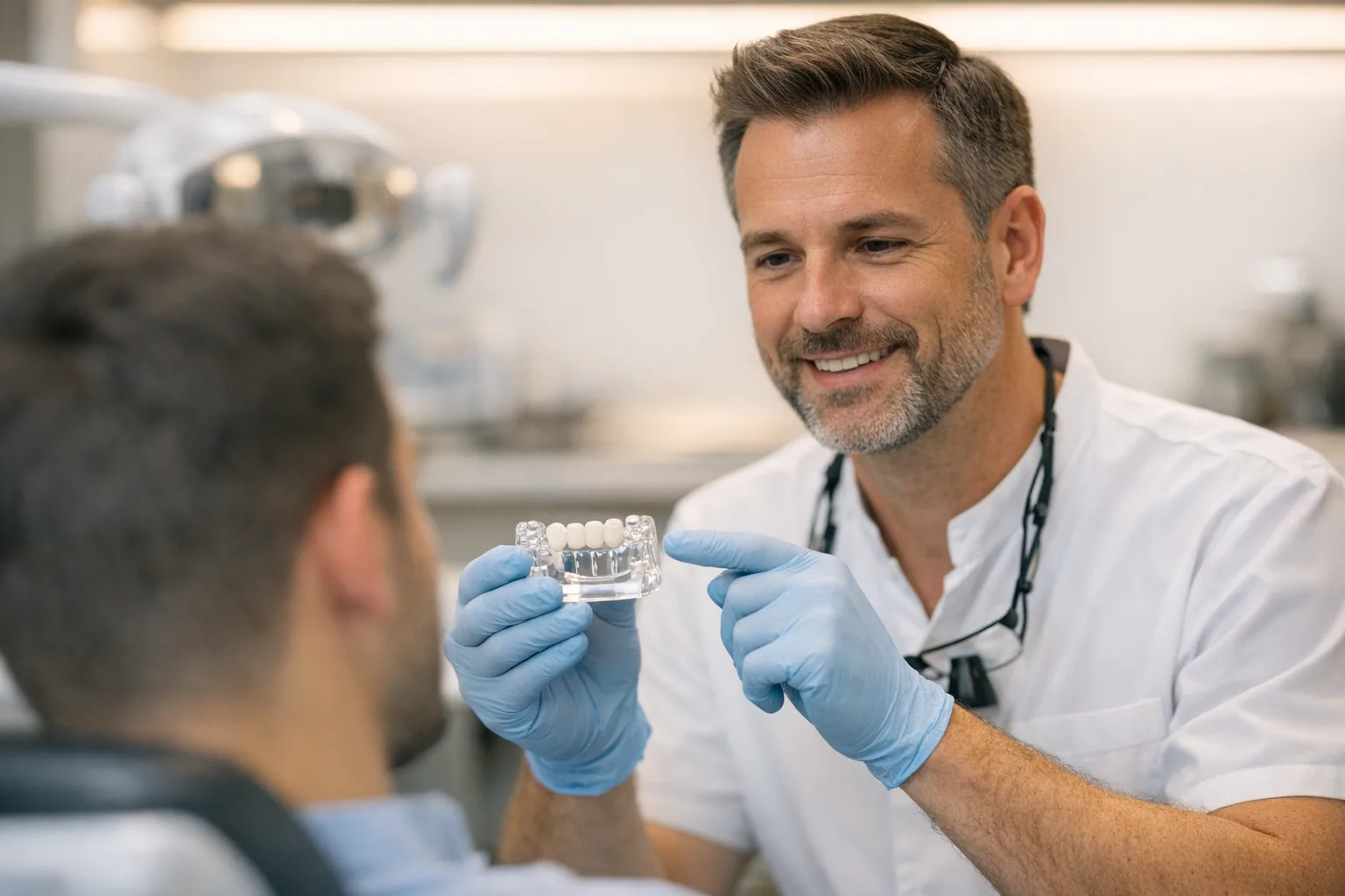 רופא שיניים מציג דגם של גשר שקוף למטופל במרפאה מודרנית