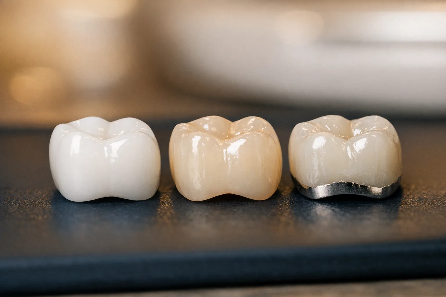 סוגי כתרים דנטליים - כתר זירקוניה, כתר חרסינה וכתר מתכת בהשוואה ויזואלית