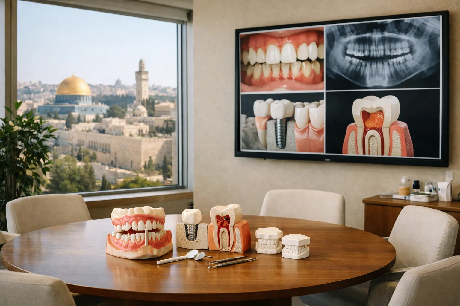 חדר ישיבות צוות רפואי עם מודלים אנטומיים של שיניים