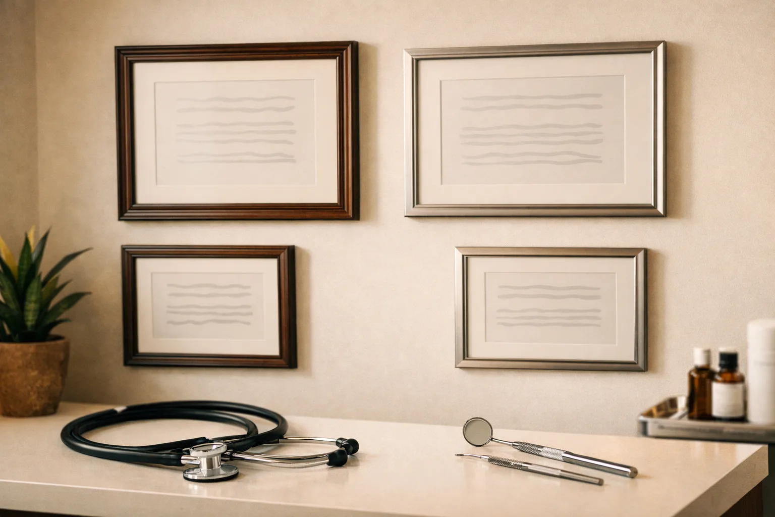 תעודות מקצועיות וכלי רפואת שיניים במרפאה