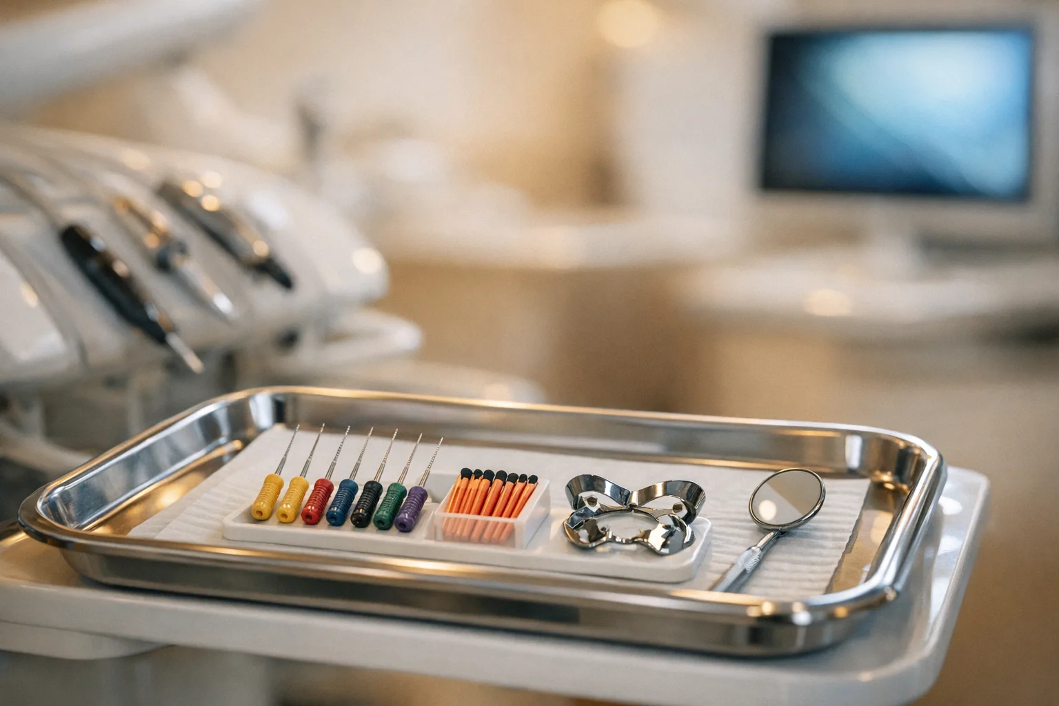 ציוד מתקדם לטיפול שורש - מיקרוסקופ דנטלי ושולחן כלים במרפאה מודרנית