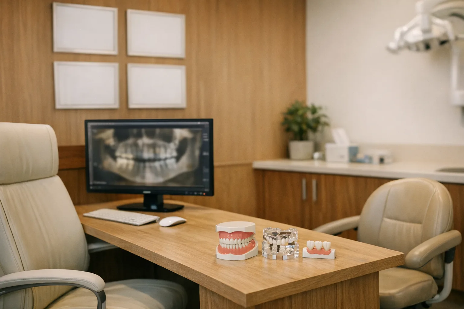 אבחון שן בינה - רופא שיניים בוחן צילום רנטגן דנטלי בסביבה קלינית מקצועית