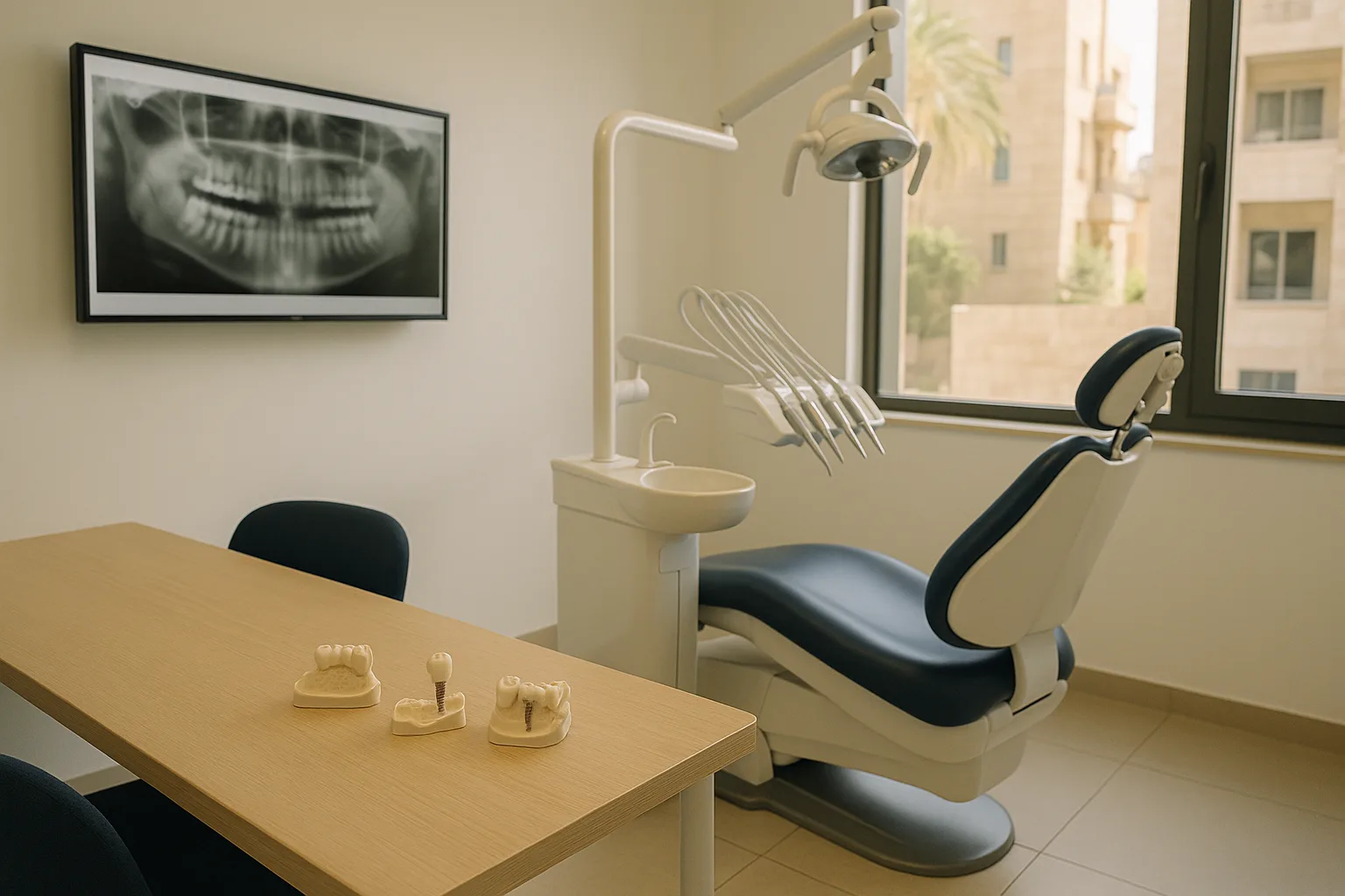 חדר טיפולים דנטלי עם ציוד השתלות שיניים וצילומי CT