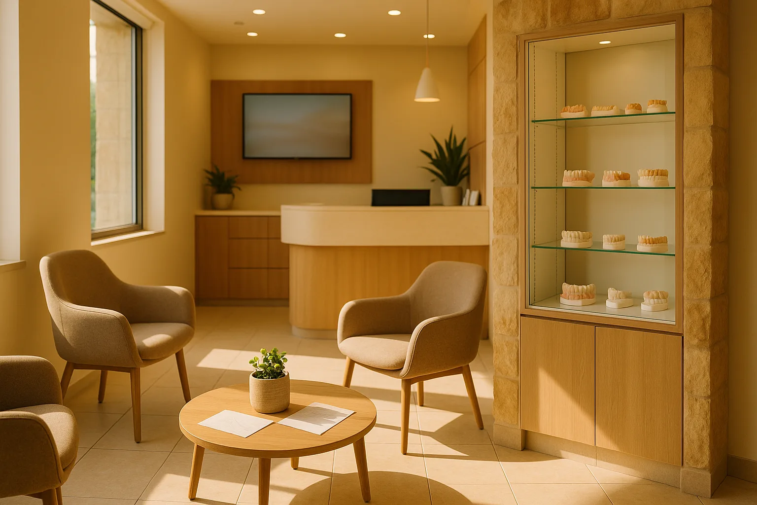 חדר המתנה מודרני במרפאת שיניים דיסקין עם תצוגת שחזורים