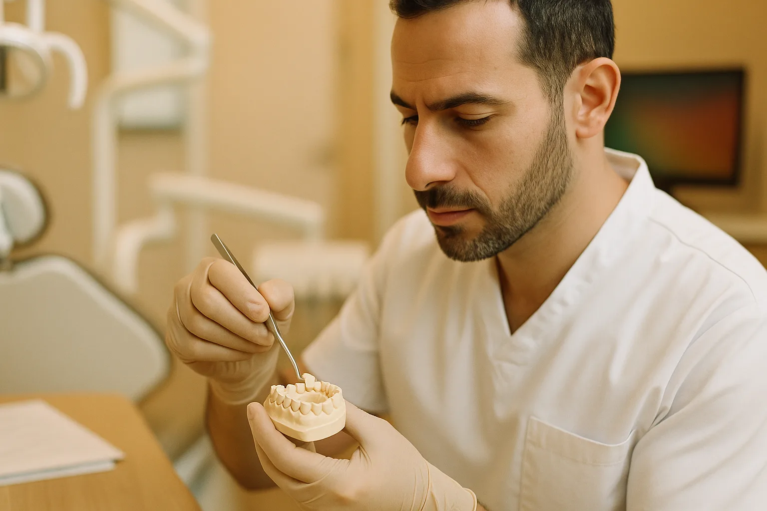 רופא שיניים מתקין שחזור אונליי מחרסינה על דגם שן
