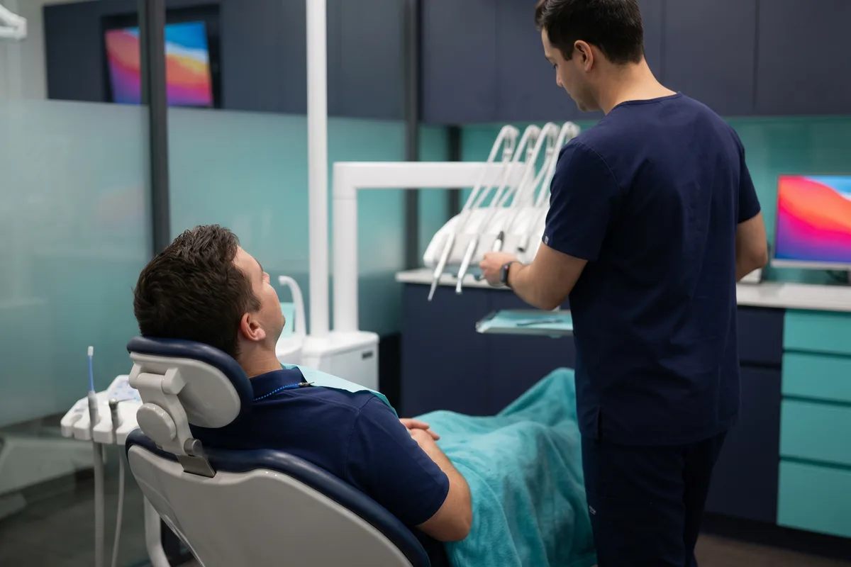 מטופל רגוע בכיסא הטיפולים לקראת טיפול שיניים בהרדמה במרכז דיסקין