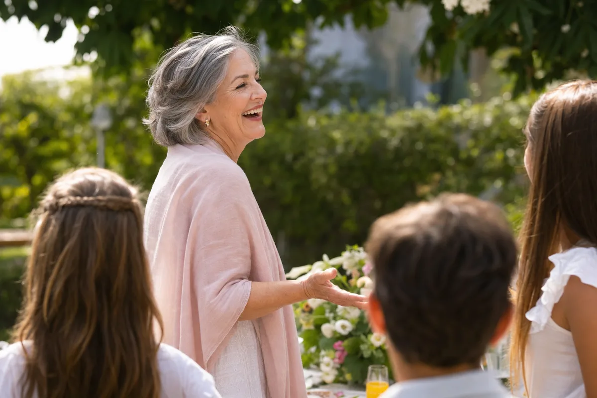 Confident older woman laughing with family after full mouth dental implants in Jerusalem