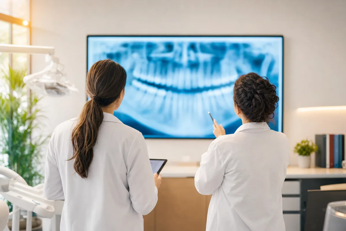 Two Diskin clinicians planning a full mouth dental implant case from a panoramic jaw scan in Jerusalem