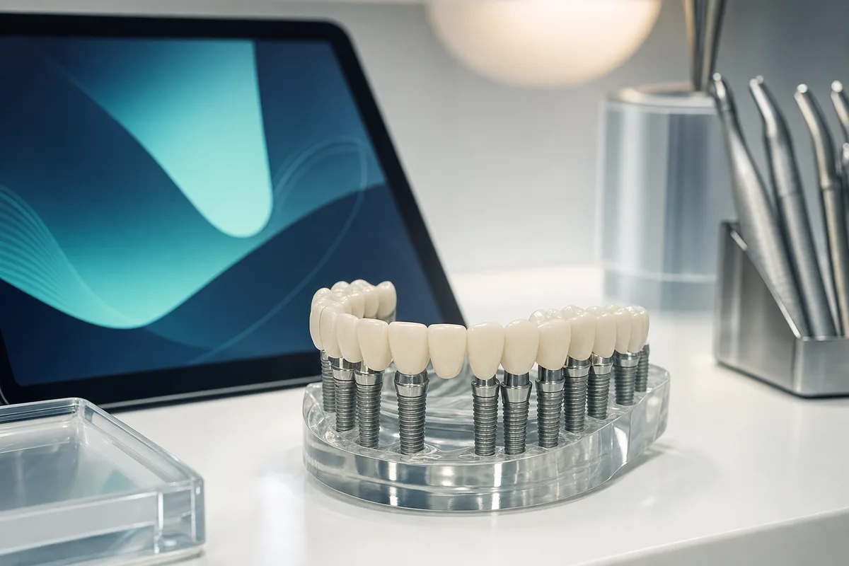 Full-arch dental implant model showing fixed teeth supported on titanium implants at Diskin Dental Center Jerusalem