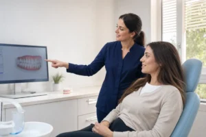 מומחית ליישור שיניים מסבירה למטופלת מבוגרת על יישור שיניים שקוף בקשתיות שקופות במרכז דיסקין 9 ירושלים