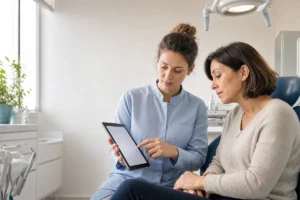 רופאת שיניים מסבירה למטופלת את מחירון הטיפולים על טאבלט בחדר הטיפולים