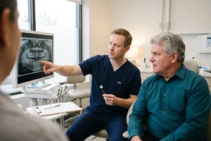 Dentist at Diskin Dental Center in Jerusalem explaining a panoramic X-ray and treatment plan to a patient