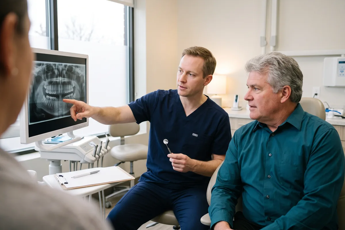 Dentist at Diskin Dental Center in Jerusalem explaining a panoramic X-ray and treatment plan to a patient