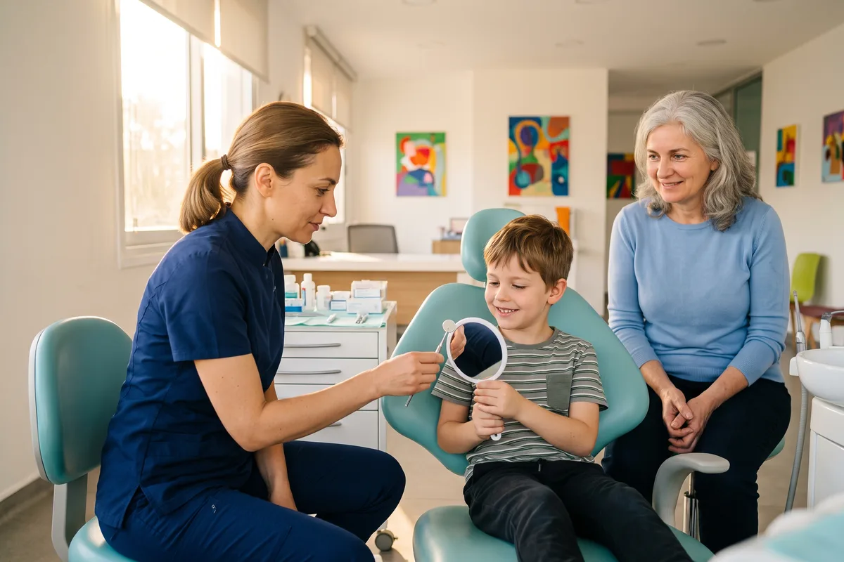 Pediatric dentist and child at a first dental checkup at Diskin Dental Center in Jerusalem