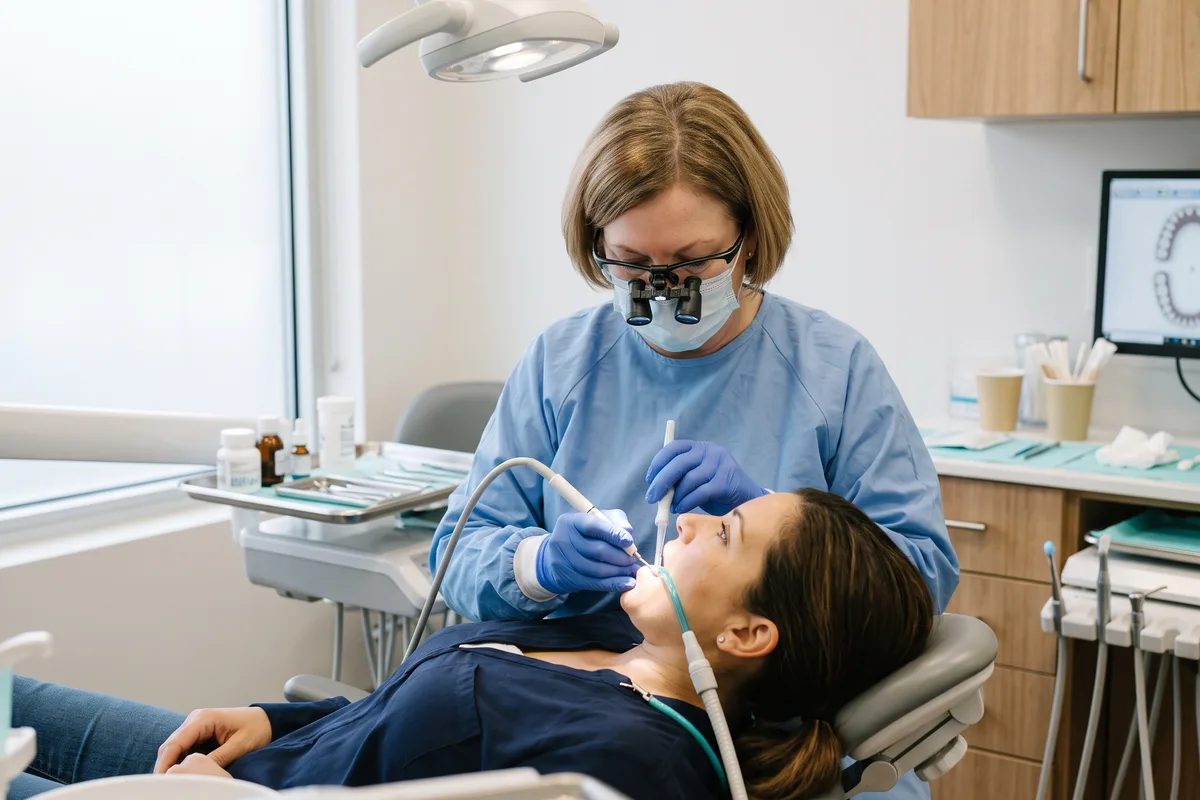 Dental hygienist performing a professional cleaning and scaling at Diskin Dental Center Jerusalem