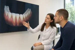 רופאת שיניים מומחית לחניכיים מסבירה למטופל על ניתוח נסיגת חניכיים מול סריקה תוך פומית במסך