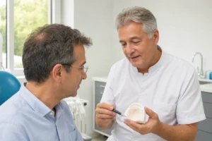 מומחה לשיקום הפה מראה למטופל על מודל שיניים איך נראית שחיקת שיניים בשיניים הקדמיות